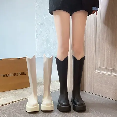 骑士靴女复古厚底靴子夏款女2023新款爆款小众v口显瘦粗跟长筒靴图片