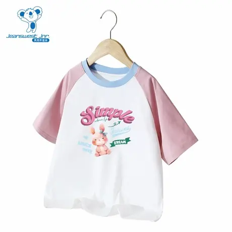 DQ真维斯童装2025夏季新款女童圆领棉质撞色插肩袖短袖T恤上衣图片