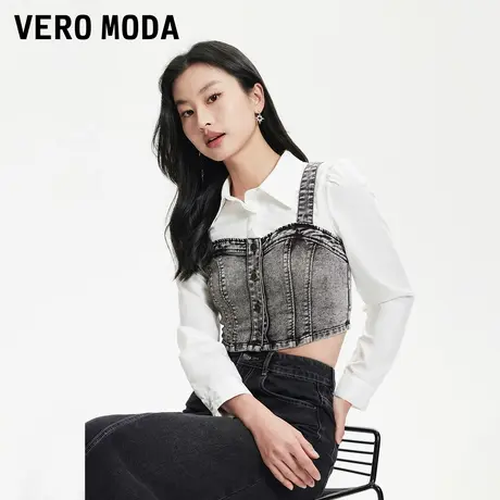 Vero Moda奥莱衬衫女夏秋新款假两件拼接修身显瘦短款上衣流行图片