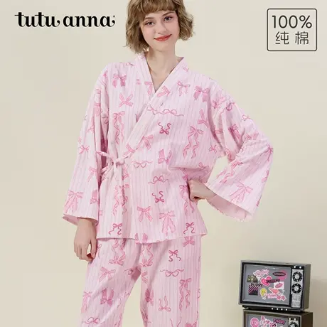 tutuanna秋冬全棉睡衣女磨毛竖条纹蝴蝶结满印长袖和服家居服套装商品大图