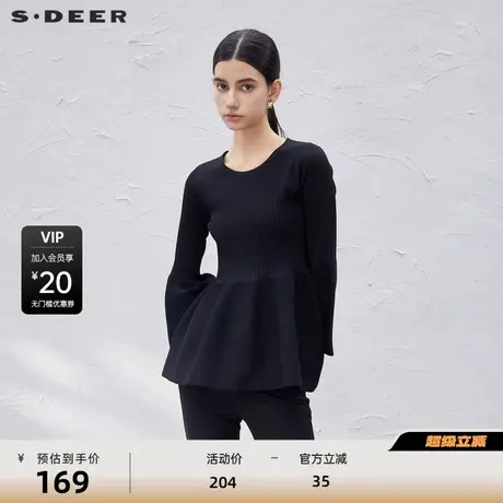 sdeer圣迪奥女装罗纹圆领不规则喇叭袖针织衫S23483501商品大图