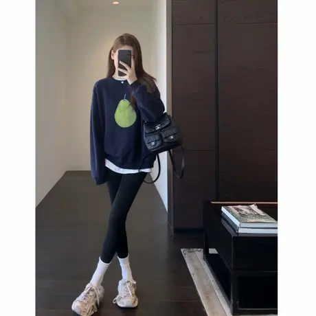 韩版慵懒时髦oversize宽松显瘦减龄印花藏蓝大卫衣女上衣秋冬新款商品大图