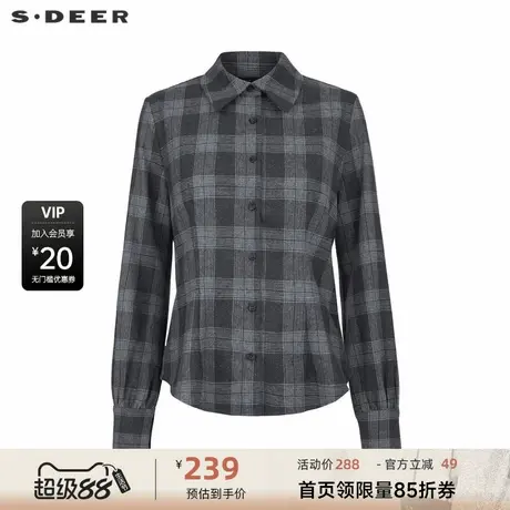 sdeer圣迪奥女装复古翻领撞色格纹长袖衬衫S234Z0510商品大图