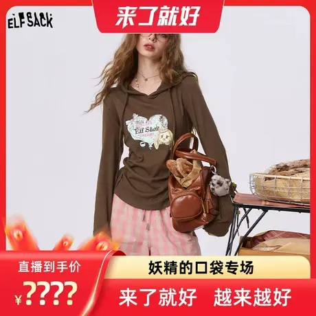 【来了就好】妖精的口袋抽褶印花连帽t恤修身减龄小众长袖上衣商品大图