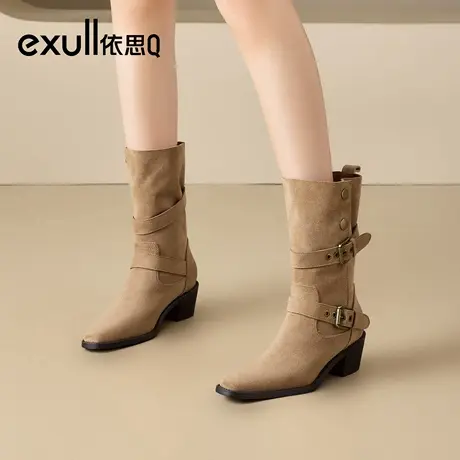 exull/依思Q2025冬季新款复古西部牛仔靴堆堆靴尖头粗跟女短靴商品大图
