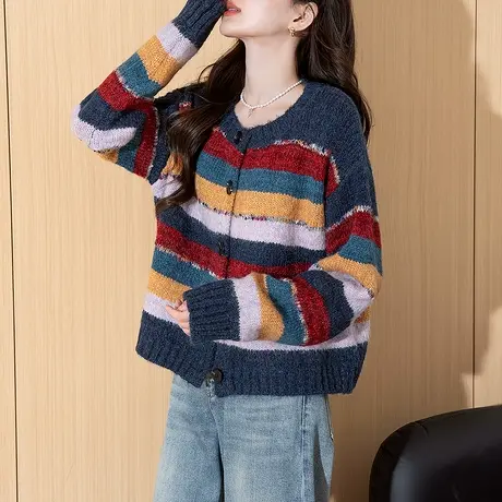 唐狮秋冬毛衣外套女减龄彩条设计圆领针织开衫春秋高级感时尚tuTA商品大图