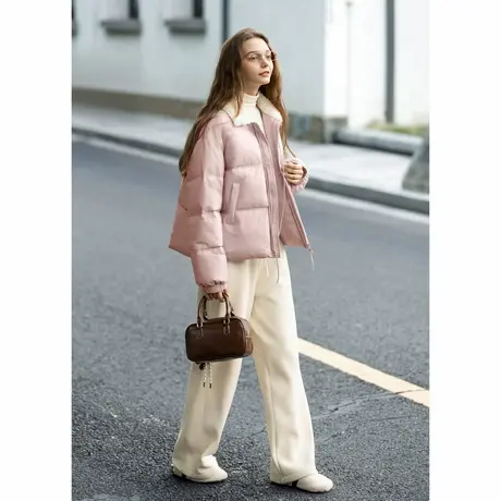 唐狮冬季女撞色仿羊羔绒翻领前胸绑带超短款棉衣可爱甜美少女TMTA图片