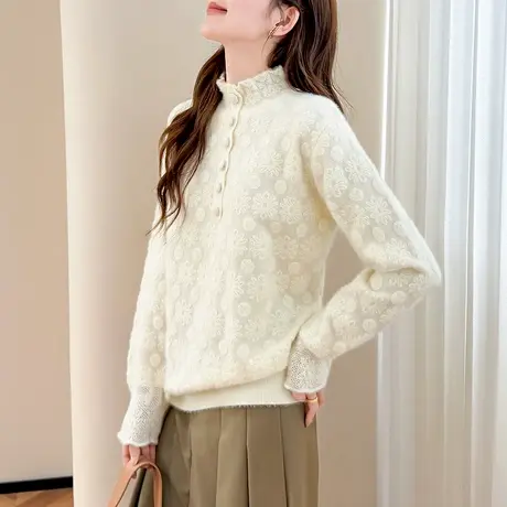 唐狮秋冬毛衣女淑女风同色系提花半开襟套头高级感气质女装TD图片