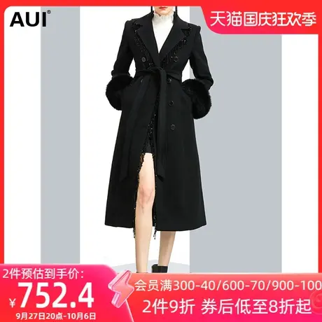 狐狸毛袖口双排扣毛呢外套女冬2022新款黑色垂感干练时尚呢子大衣图片