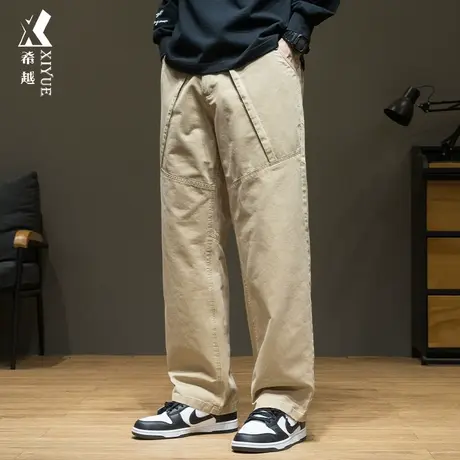 希越水洗斜纹男士休闲裤子2023秋冬宽松大码高级感拼接纯棉工装裤图片