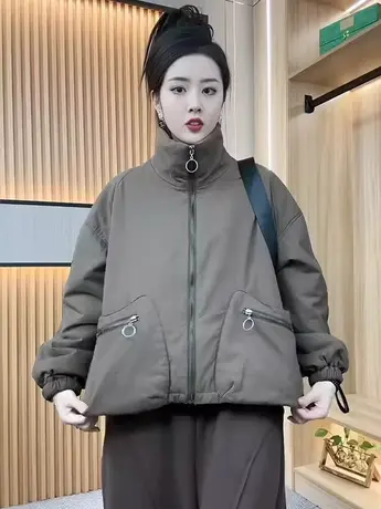 棉服女2023年新款秋冬季休闲宽松百搭立领棉衣设计感防风夹棉外套图片