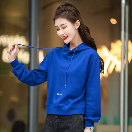 克莱因蓝色连帽卫衣女春秋季短款小款2023新款小个子上衣外套女装商品大图