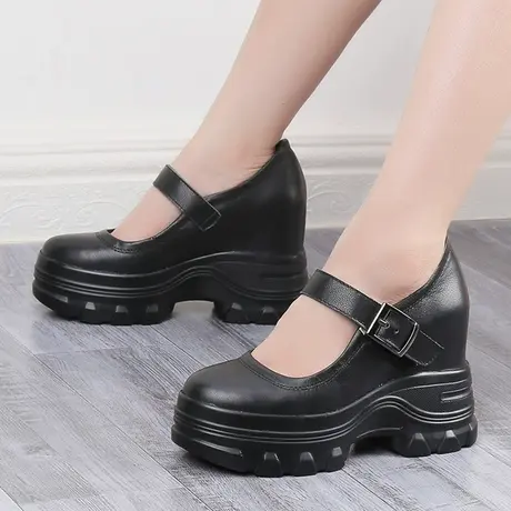 英伦风小皮鞋女厚底头层牛皮内增高玛丽珍鞋10cm一字带超高跟单鞋商品大图