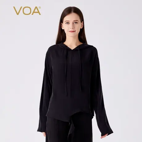 VOA30姆米重磅桑蚕丝黑色连帽系带长袖简约不对称下摆真丝卫衣图片