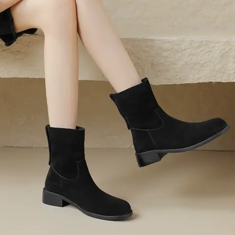 靴子女2023新款短靴秋冬季直筒中跟真皮圆头牛翻皮靴时尚粗跟女靴商品大图