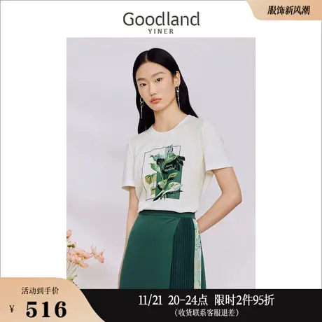 【醋酸抗皱】Goodland美地女装2023秋季质感印花针织衫圆领商品大图
