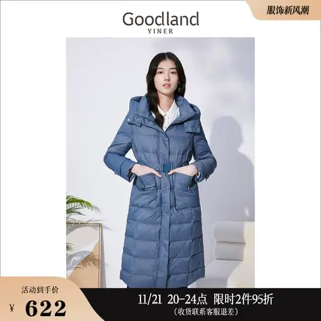 Goodland美地女装冬季时尚连帽中长款轻薄白鸭绒保暖羽绒服商品大图