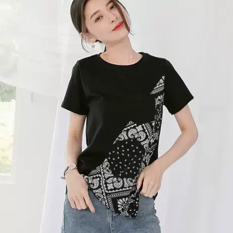 桔熊夏季设计感t恤拼接不对称图腾印花口袋短袖上衣女大码AB14933图片