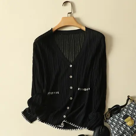 针织开衫女薄款V领长袖春装新款冰丝外搭防晒空调衫夏季披肩外套商品大图