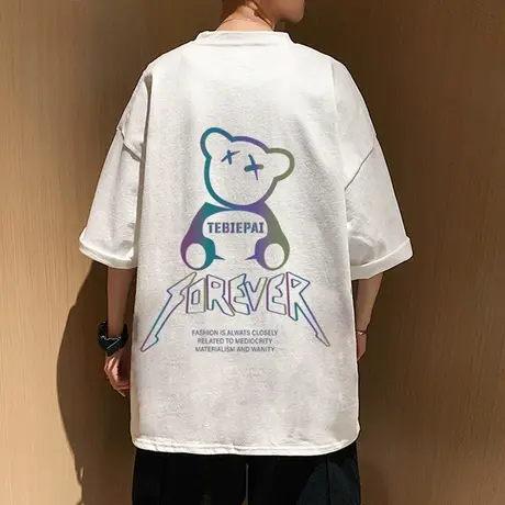 反光小熊设计感短袖t恤男夏季小众ins潮牌休闲体恤纯棉宽松上衣服商品大图