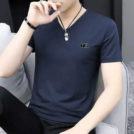莫代尔短袖t恤男装2024新款V领夏季中国潮流冰丝冰感半袖打底衫男商品大图