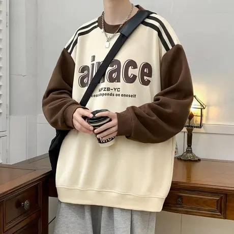 拼色字母圆领卫衣男春秋季潮牌宽松帅气长袖t恤休闲打底衫上衣服商品大图