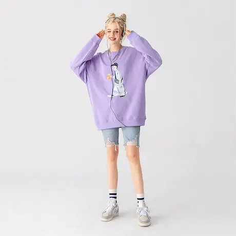 YEP紫色圆领卫衣女春秋薄款ins国潮印花秋季宽松套头超好看的上衣图片