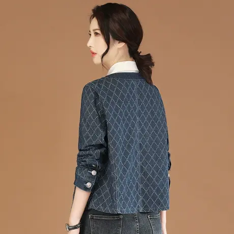 韩潮袭人小香风圆领格子牛仔外套女2023秋季新款短款长袖夹克衫图片
