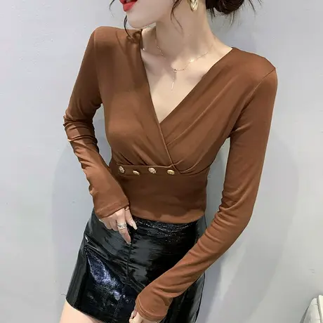 性感V领长袖t恤衫女款春秋2024新款设计感欧风上衣气质显瘦打底衫图片