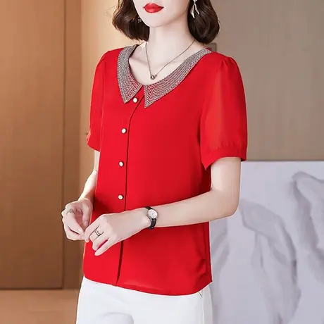 蕾丝拼接娃娃领时尚短袖雪纺衫女2023年夏季新款减龄洋气上衣小衫图片