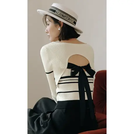 弥古法式方领条纹针织衫女后背蝴蝶结毛衣修身秋冬打底衫内搭上衣商品大图