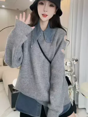 网红爆款针织衫毛衣秋季新款破洞设计感宽松气质韩版遮肉圆领上衣图片