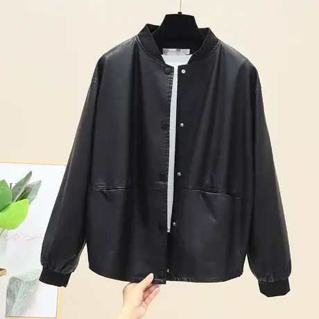 秋装2023新款韩版宽松显瘦减龄棒球领皮衣单排扣开衫短皮衣外套女商品大图