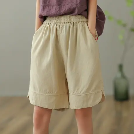 dza 高腰显瘦亚麻短裤女2023夏季五分休闲裤直筒裤宽松棉麻阔腿裤商品大图