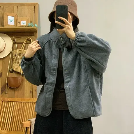 dza 复古摇粒绒立领外套女士秋冬新款外穿短款上衣休闲拼接夹克衫图片