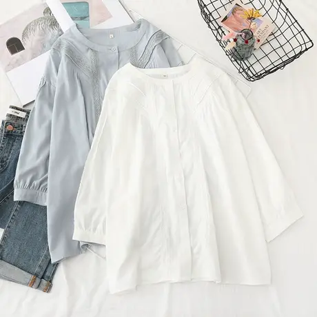 2021春季新款蕾丝花边白色七分袖衬衫女韩版宽松中袖上衣洋气衬衣图片