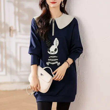 春秋季中长款卫衣连衣裙女宽松加大码女装娃娃领遮肚显瘦上衣外套商品大图