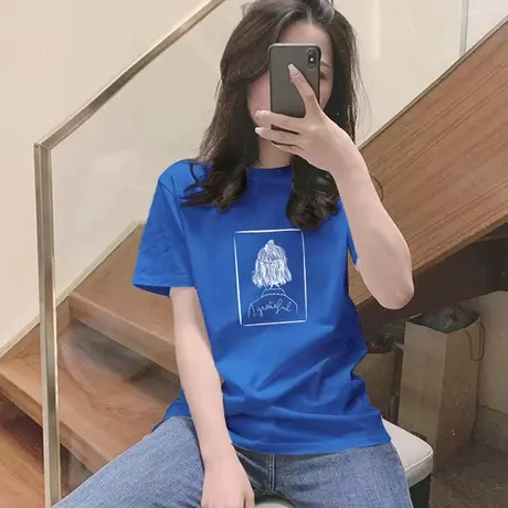克莱因蓝色短袖t恤女韩版宽松纯棉体恤2023春夏款百搭上衣打底衫图片