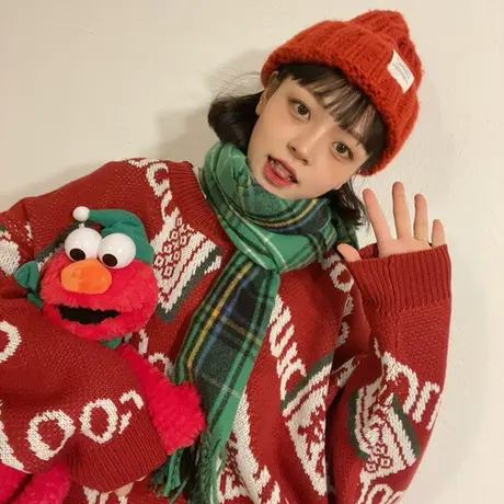 红续新年红色麻将提花毛衣女宽松慵懒风小个子针织衫长袖秋冬新款图片