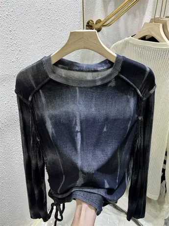 圆领印染针织打底衫女长袖2023秋季新款不规则T恤抽绳设计感上衣商品大图