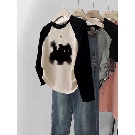 拼色纯棉长袖女T恤秋季韩版洋气减龄修身显瘦内搭短款打底衫上衣商品大图