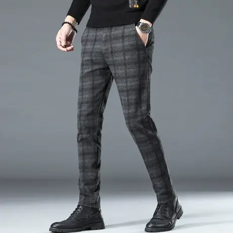 秋季毛呢格纹裤子男士休闲长裤直筒宽松格子西裤发型师潮流春秋款商品大图