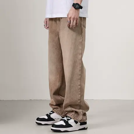 复古高街牛仔裤男宽松水洗直筒裤休闲做旧裤子微弹直脚常规牛仔裤商品大图