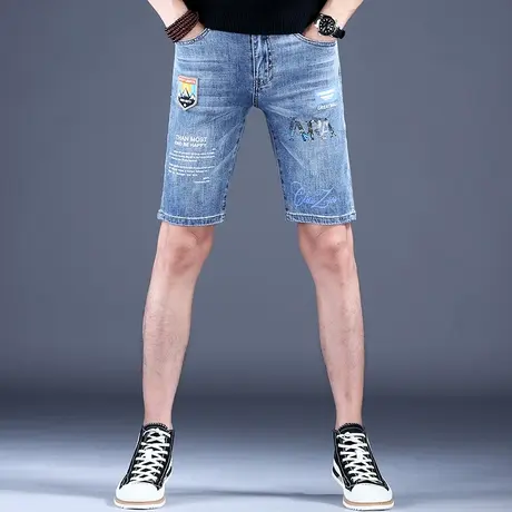 男士蓝色印花裤子五分牛仔短裤男款夏天潮牌潮流2023新款秋冬轻奢商品大图