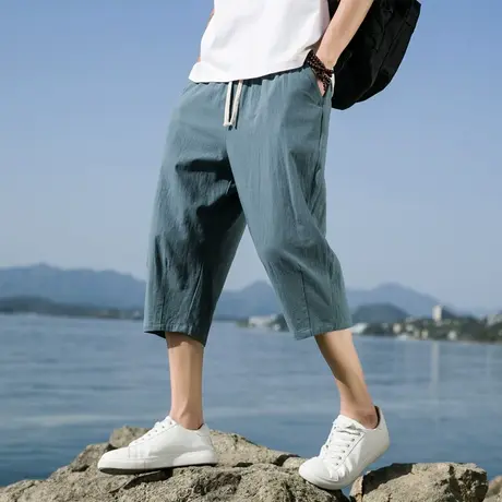 七分裤男夏季薄款亚麻短裤男休闲大码宽松潮流棉麻裤子男士沙滩裤图片