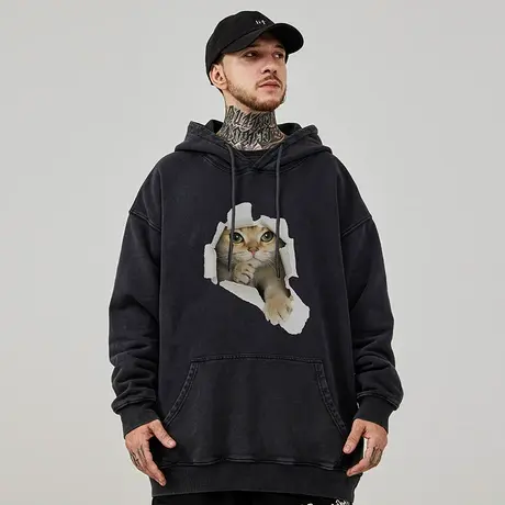 港风加肥加大码连帽美式重磅复古胖子男装宽松做旧卫衣加绒春秋款商品大图