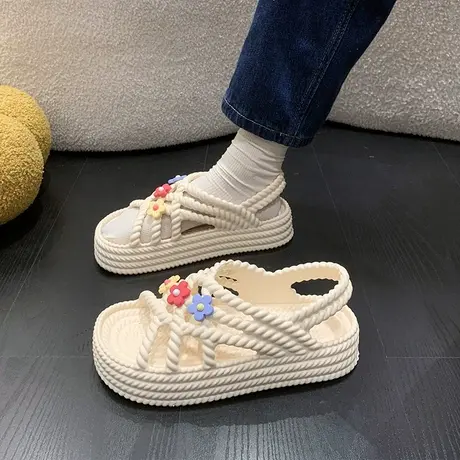 可爱花花凉鞋女夏季外穿2024年新款厚底松糕百搭海边沙滩罗马鞋子商品大图