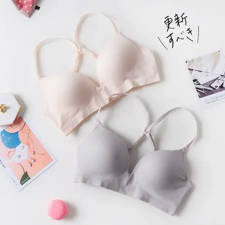 夏季薄款舒适无钢圈文胸 透气棉质竖条 细肩带美背女士运动内衣商品大图
