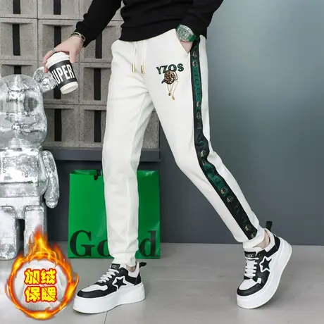 潮流帅气刺绣灯芯绒休闲裤男秋冬季加绒加厚束脚小脚裤百搭长裤子商品大图