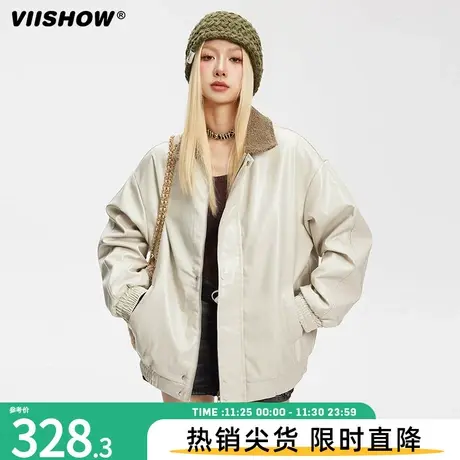 VIISHOW复古潮牌拼接PU皮棉服女冬季夹棉羊羔毛外套宽松保暖棉衣商品大图